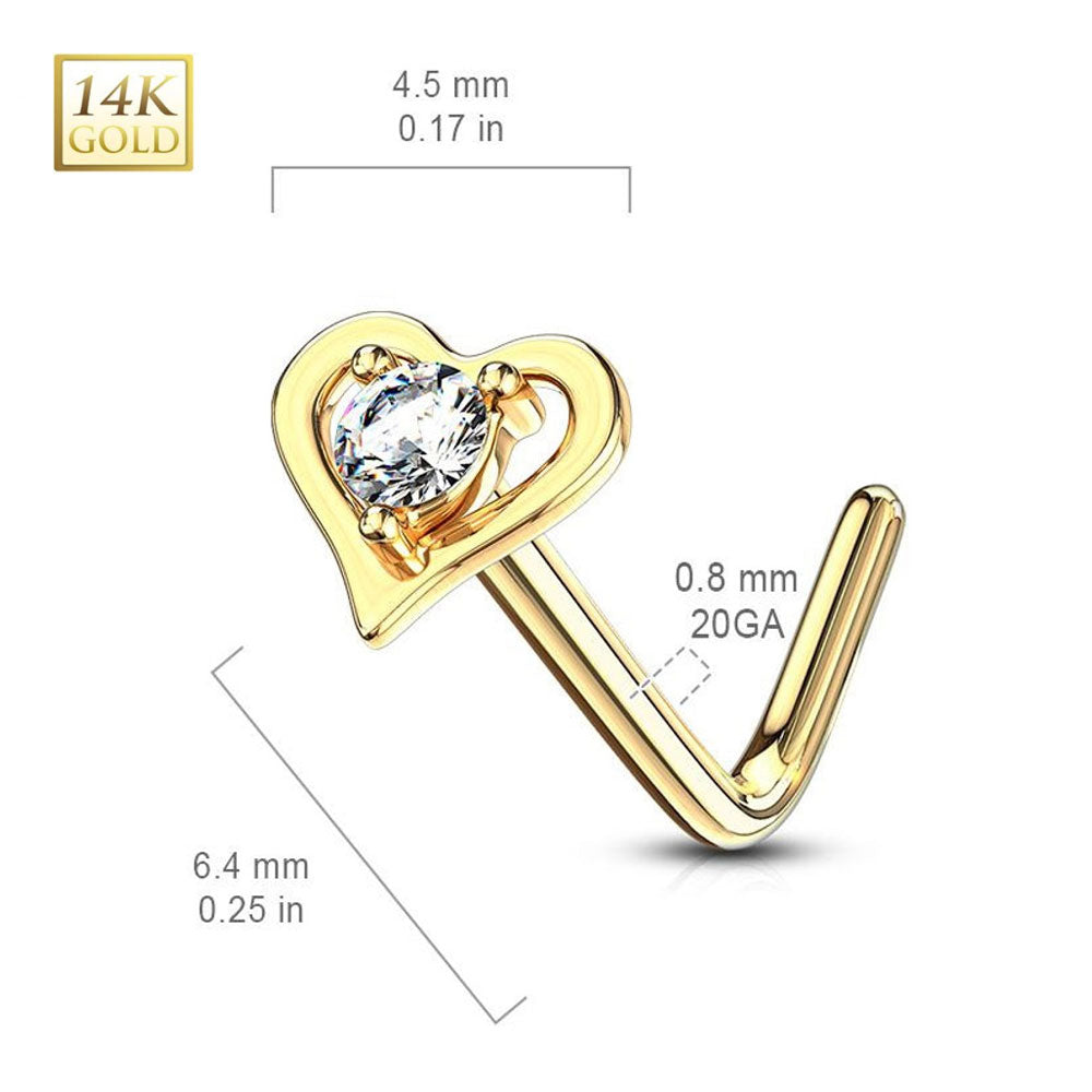 14K Solid Gold 20 Gauge L Shaped Nose Stud with Center CZ Heart - photo 4