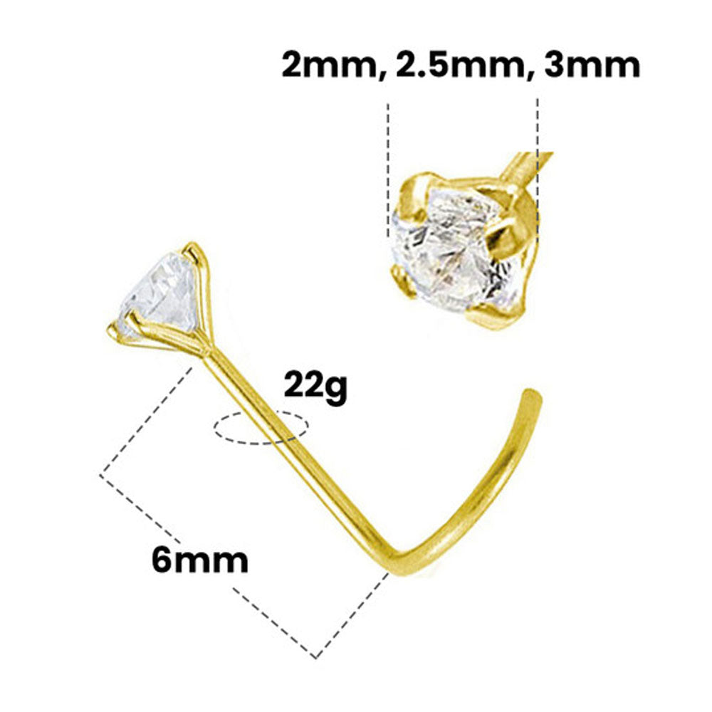 14K Solid Gold Corkscrew Nose Stud with Lab Diamond 22 Gauge