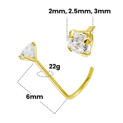 14K Solid Gold Corkscrew Nose Stud with Lab Diamond 22 Gauge