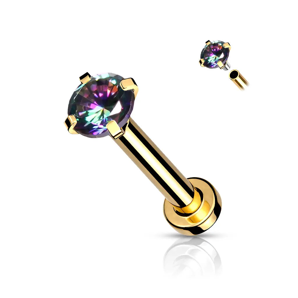 Surgical Steel 18 Gauge Prong CZ Top Flat Back Labret Stud - Style 2