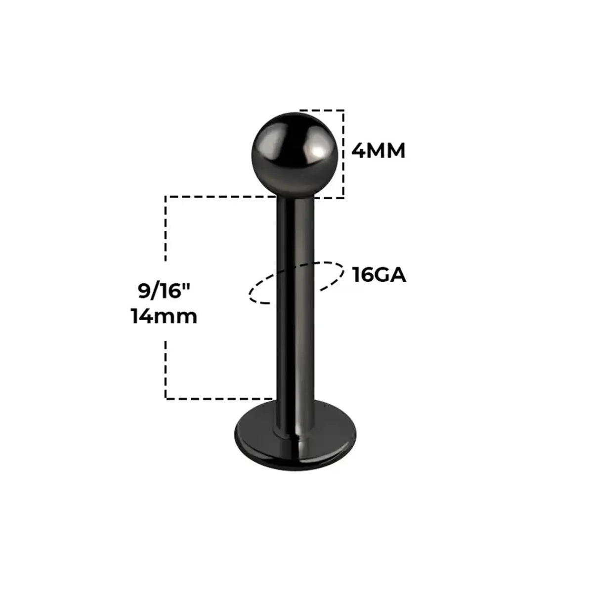 Surgical Steel 16 Gauge Black Flat Back Labret Stud