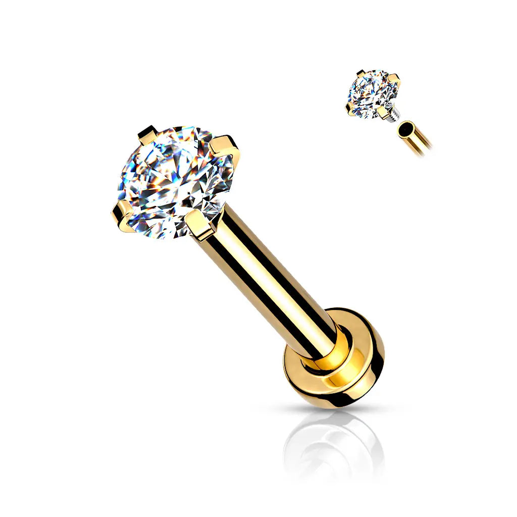 Surgical Steel 18 Gauge Prong CZ Top Flat Back Labret Stud - Style 2