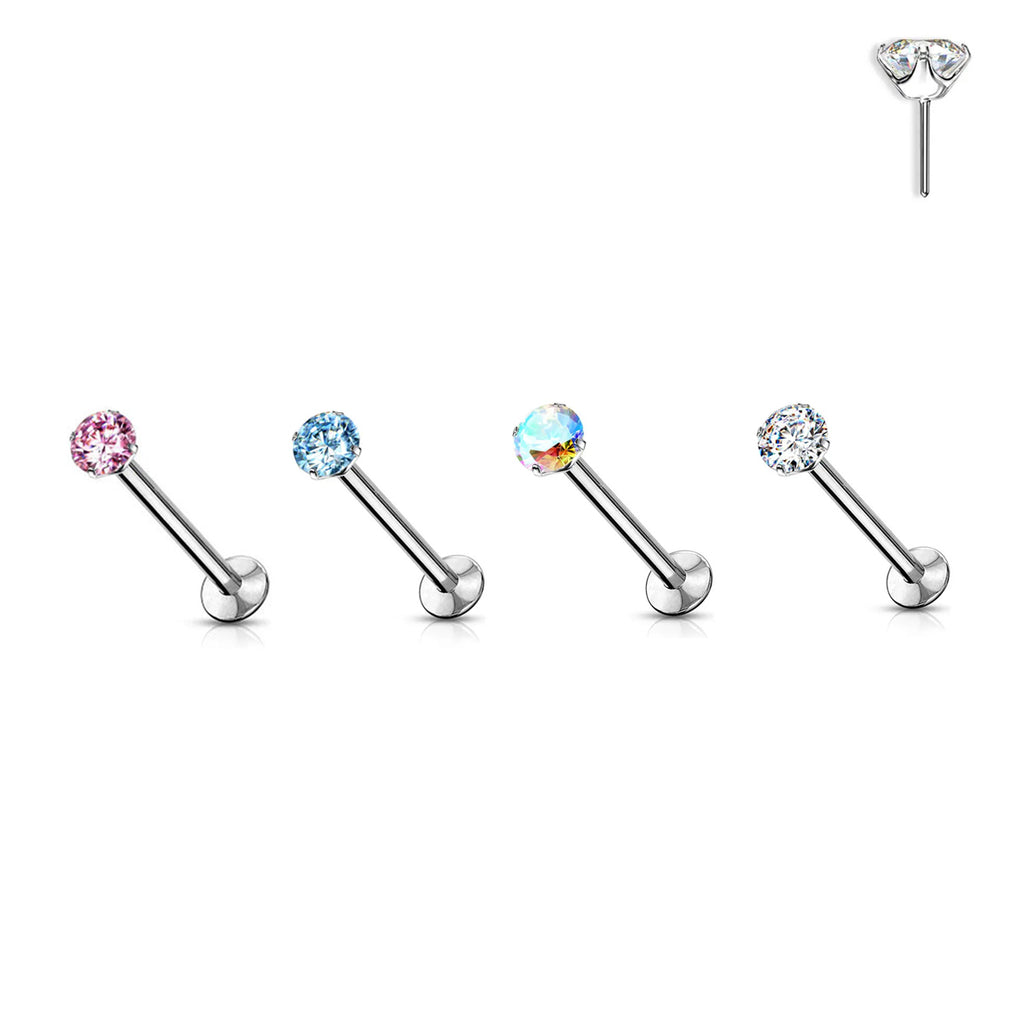 Surgical Steel Labret Stud 20 16 & 18 Gauge Threadless - Color CZ Gem - Kruelty