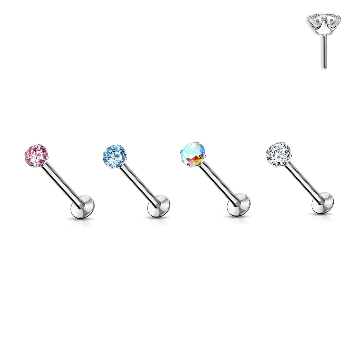 Surgical Steel Labret Stud 20 16 & 18 Gauge Threadless - Color CZ Gem - Kruelty