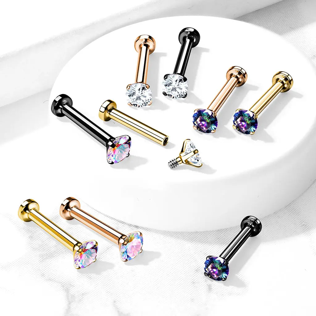 Surgical Steel 18 Gauge Prong CZ Top Flat Back Labret Stud - Style 2