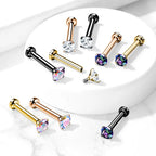 Surgical Steel 18 Gauge Prong CZ Top Flat Back Labret Stud - Style 2