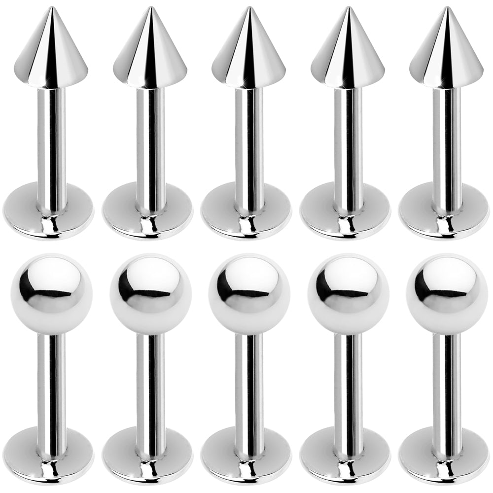 Surgical Steel 14 Gauge Labret Studs with Ball & Spike - 10 Pack