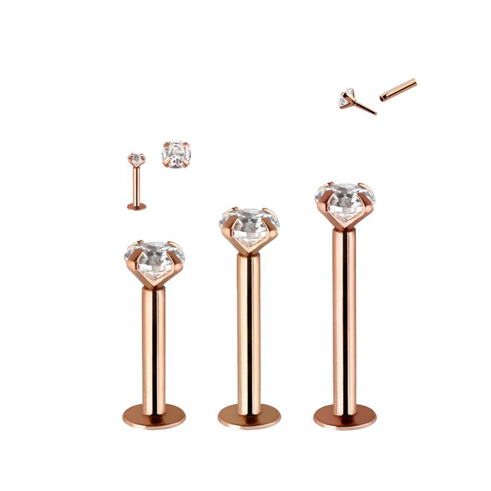 14K Solid Rose Gold Push In Labret with Clear CZ