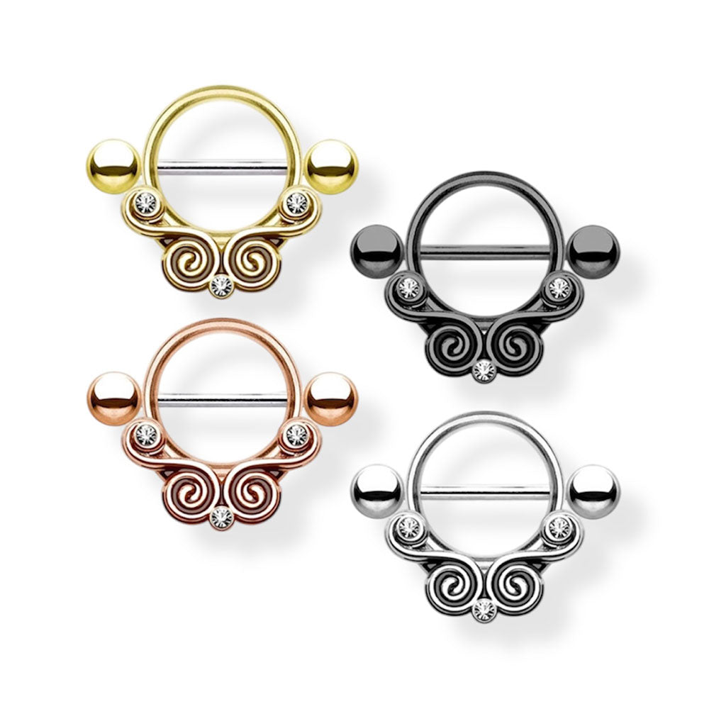Surgical Steel 14 Gauge Nipple Shield with Tribal Lace Swirl CZ - Pair