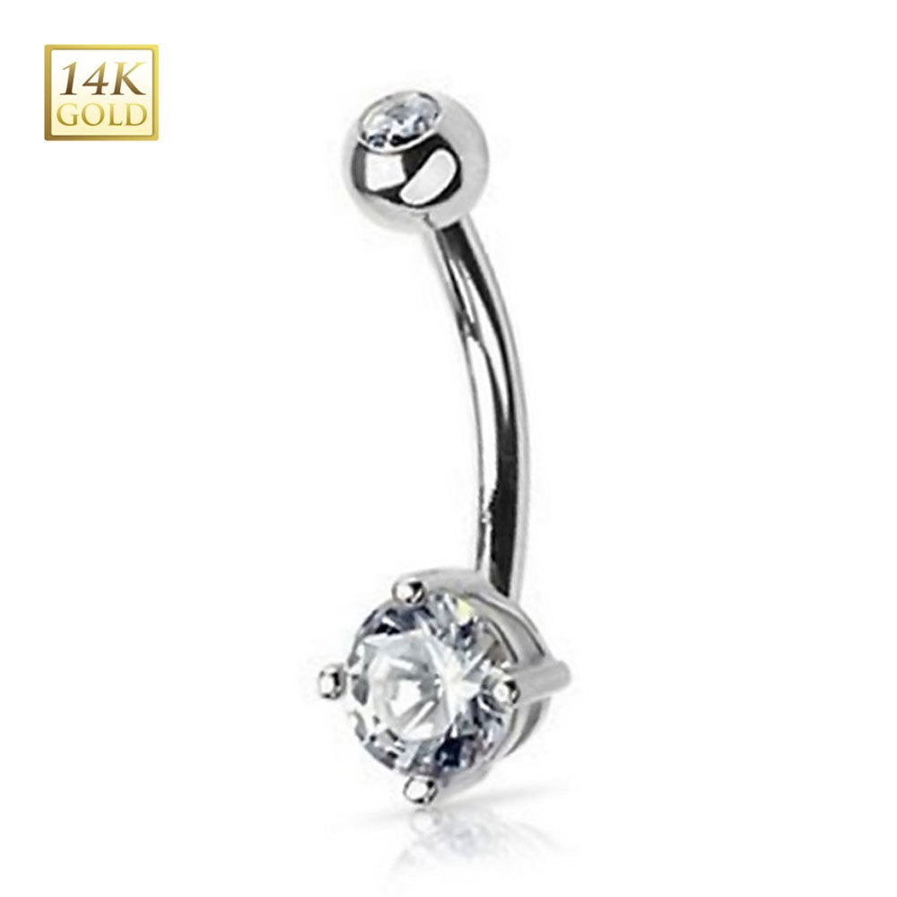 14K White Gold 14 Gauge Belly Ring with Large CZ