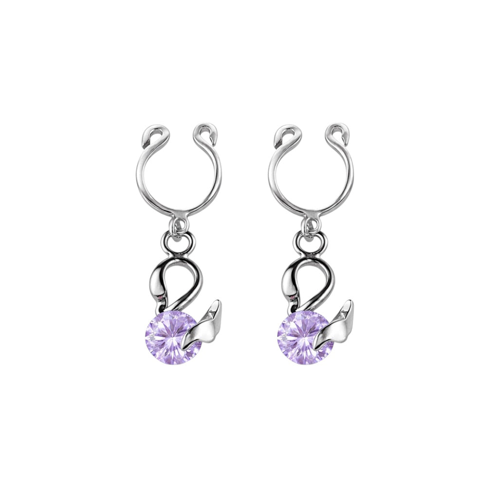Surgical Steel Non Nipple Barbell CZ Clip On Ring Dangling Swan - Pair