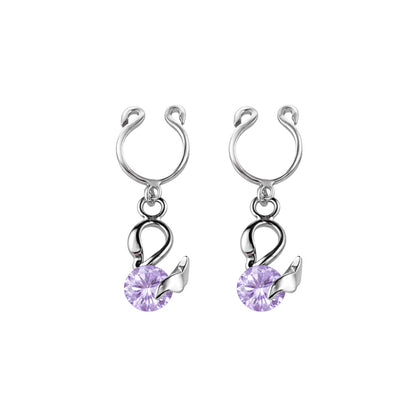 Surgical Steel Non Nipple Barbell CZ Clip On Ring Dangling Swan - Pair