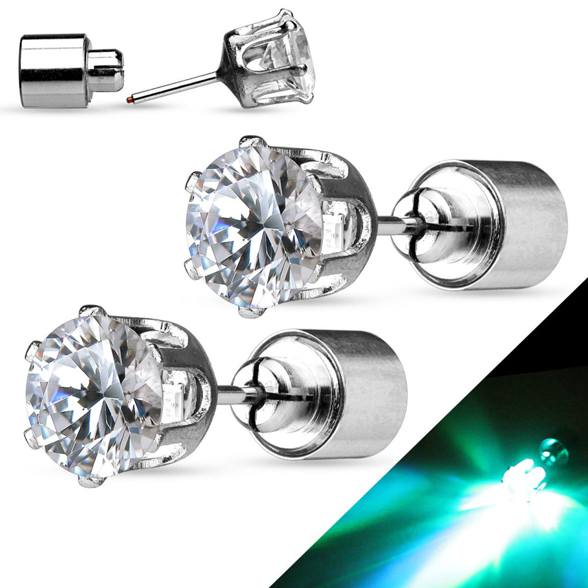 Surgical Steel 18 Gauge Clear CZ Earrings Studs LED Blinking - Pair
