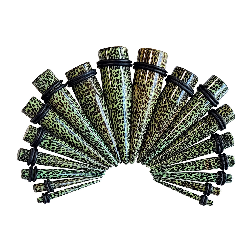 Acrylic Green Leopard Taper Stretching Kit 8G to 5/8 Inch - 18 Pack