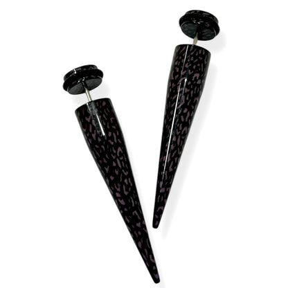 Acrylic 16 Gauge Fake Ear Tapers with Purple Black Leopard Skin - Pair