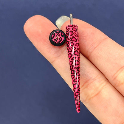 Acrylic Pink & Black Leopard Skin Fake Ear Tapers 16G - Pair - photo 2