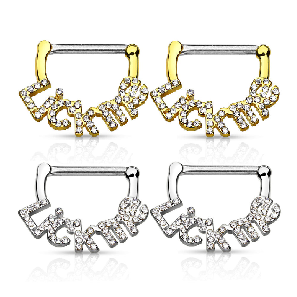 Surgical Steel 14 Gauge Paved CZ Lick Me Nipple Shield 12mm - Pair