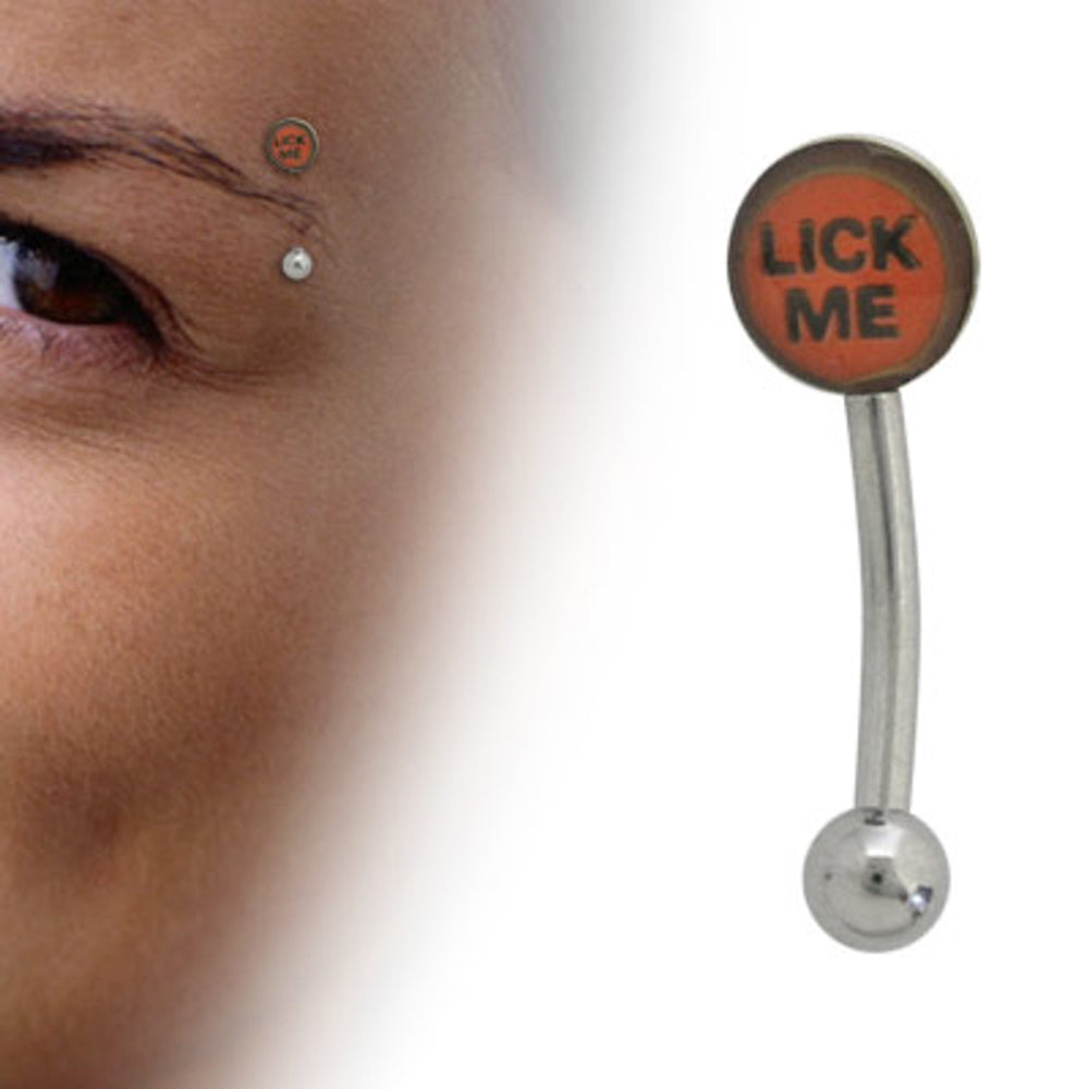Surgical Steel 16 Gauge Curved Eyebrow Barbell with Lick Me Logo
