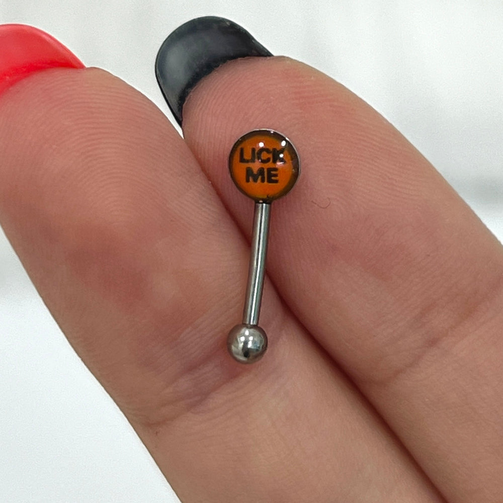 Surgical Steel 16 Gauge Curved Eyebrow Barbell with Lick Me Logo - photo 4