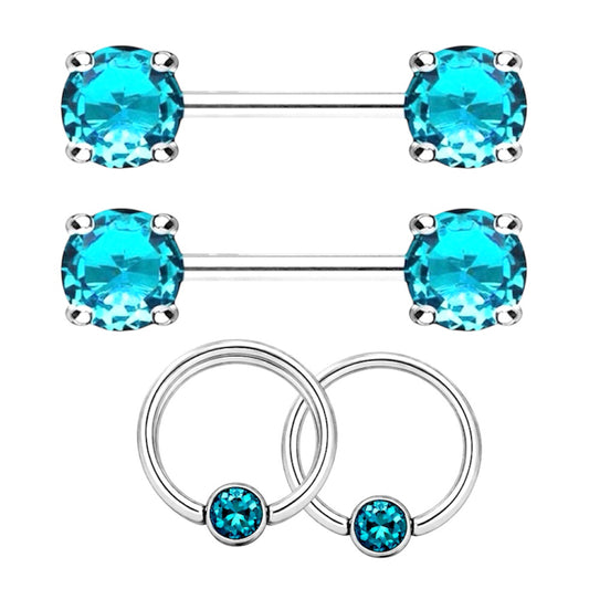 Surgical Steel 14 Gauge Nipple Barbell & Blue CZ Captive Bead - Pair