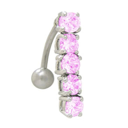 Surgical Steel 14 Gauge Reverse Belly Ring with Pink CZ Vertical Drop