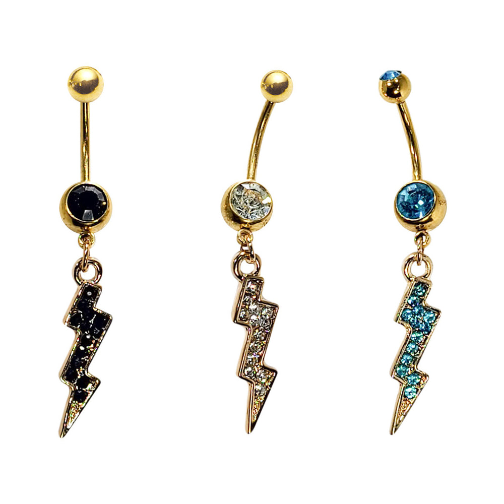 Gold Surgical Steel 14 Gauge Belly Ring Lightning Bolt Dangle - Pair