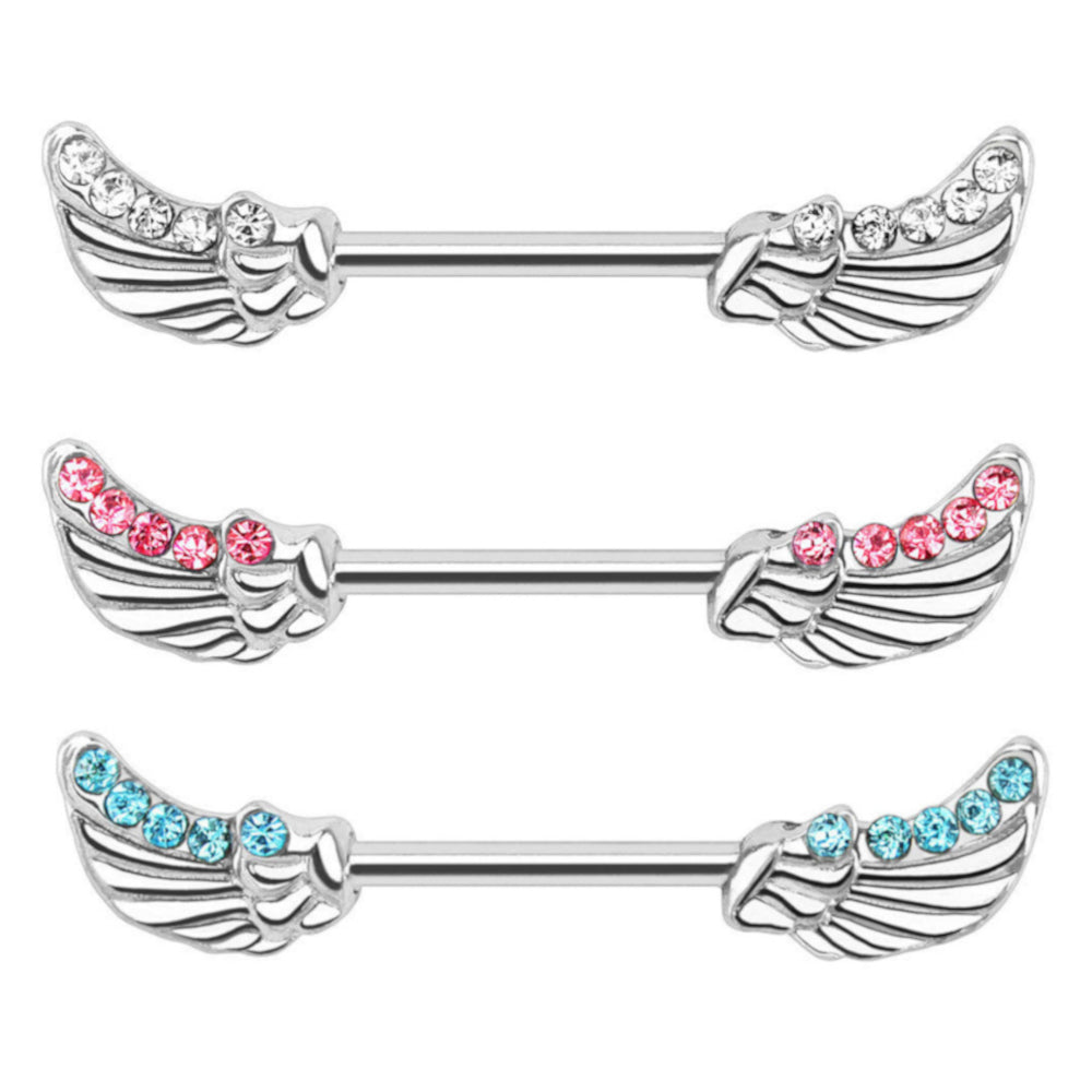 Surgical Steel 14 Gauge Nipple Barbell with CZ Angel Wings - Pair
