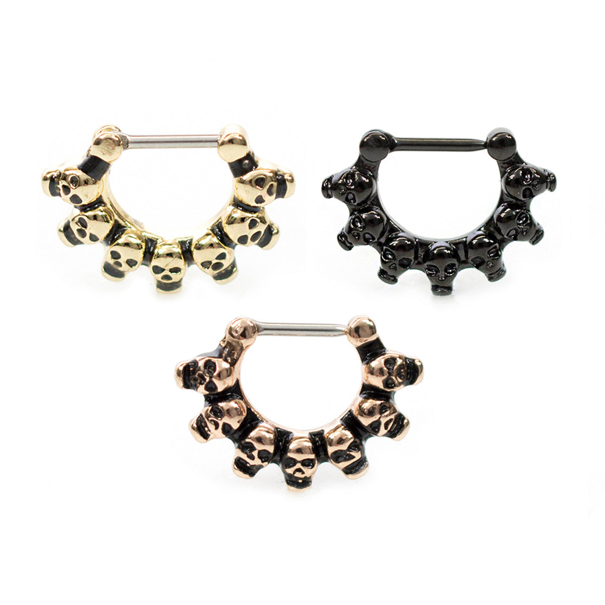 Surgical Steel Septum Clicker Ring 16 Gauge with Lined Skulls - Kruelty