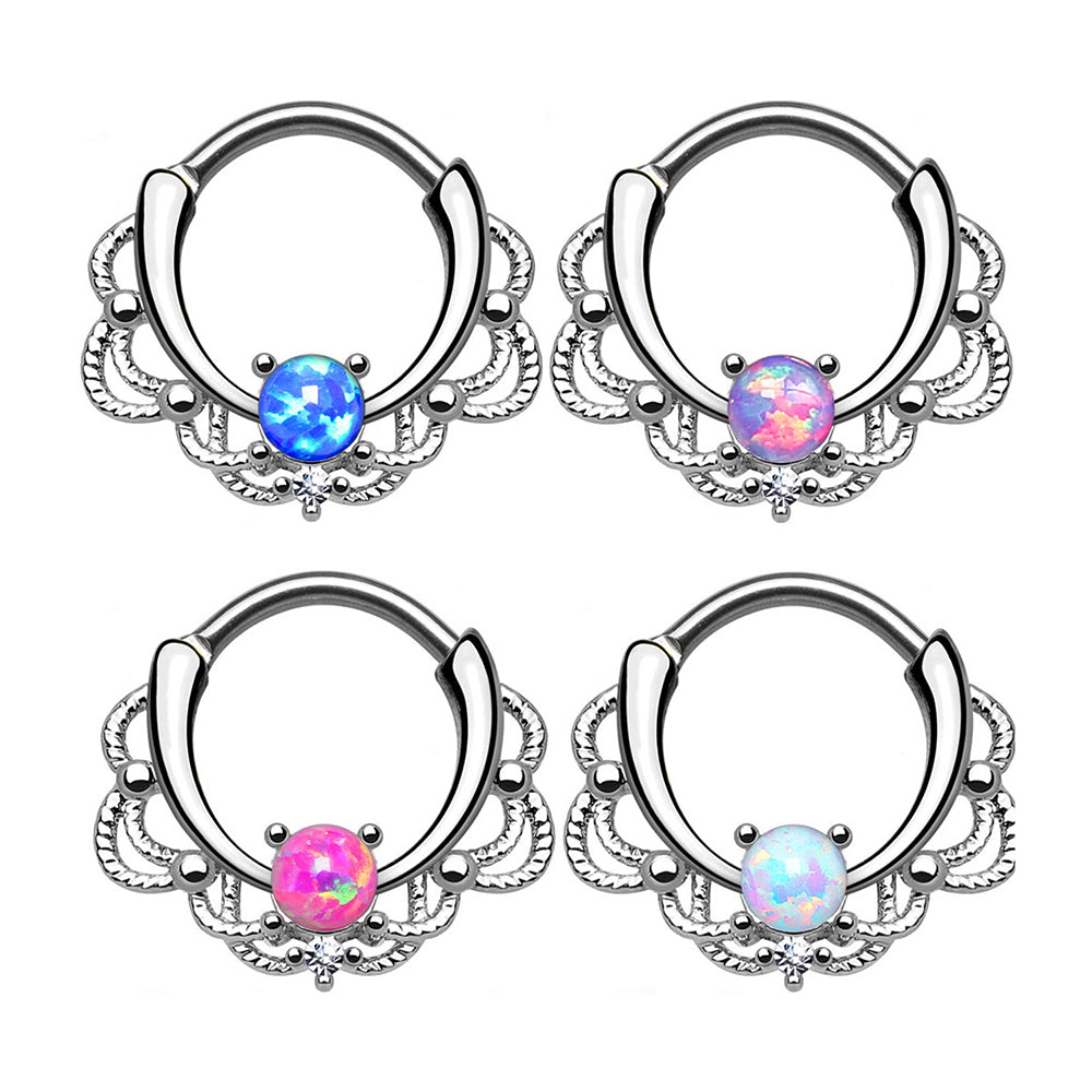 Surgical Steel 16 Gauge Lace Design Opal Septum Clicker Hoop - 10mm