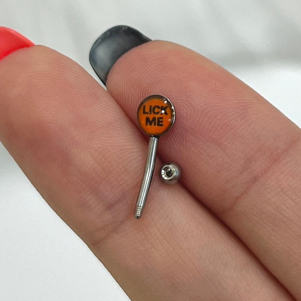 Surgical Steel 16 Gauge Curved Eyebrow Barbell with Lick Me Logo - photo 2