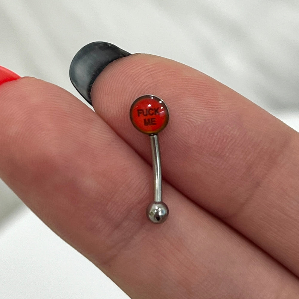 Surgical Steel 16 Gauge Curved Eyebrow Barbell Logo Symbol Fuck Me - View 4