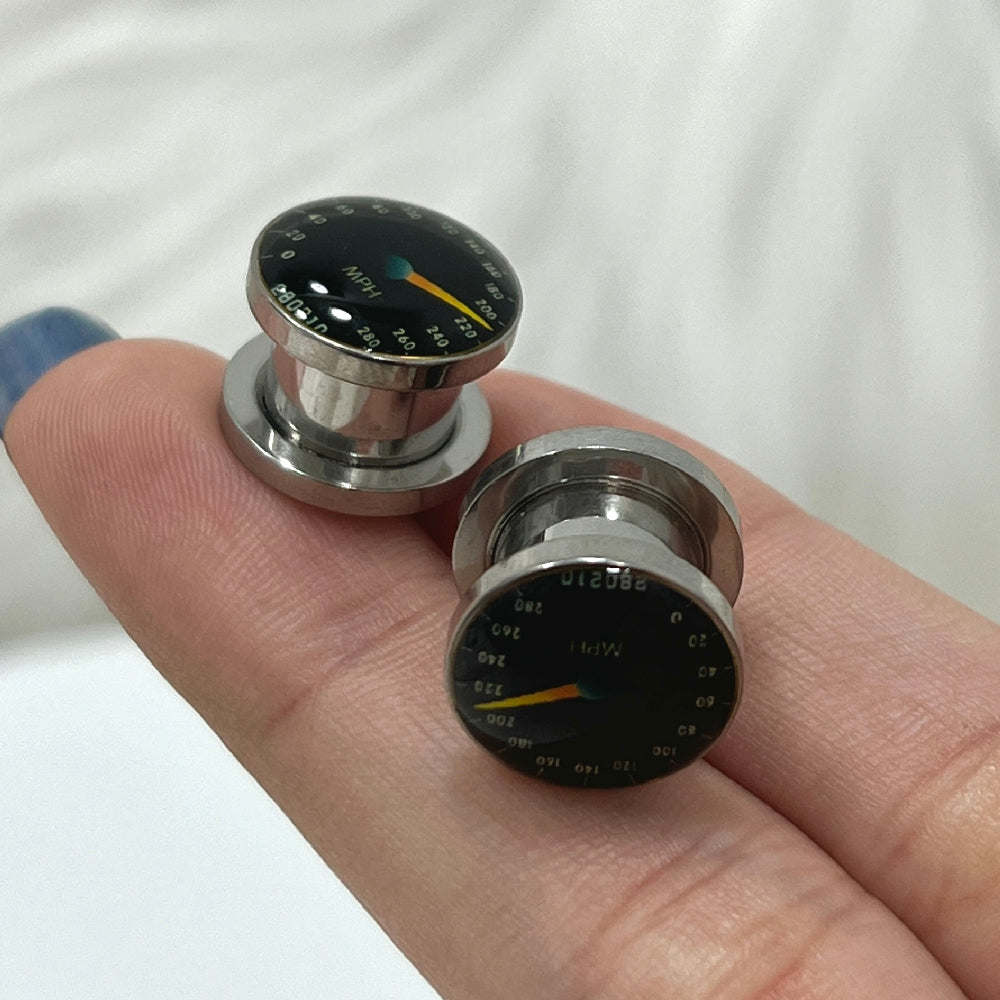Surgical Steel Speedometer Logo Screw Fit Ear Tunnels