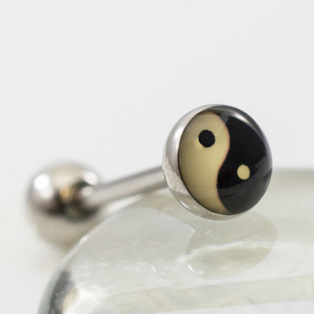 Surgical Steel Tongue Barbell 14 Gauge 15mm with Yin Yang Logo Top - photo 5