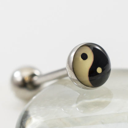 Surgical Steel Tongue Barbell 14 Gauge 15mm with Yin Yang Logo Top - photo 5