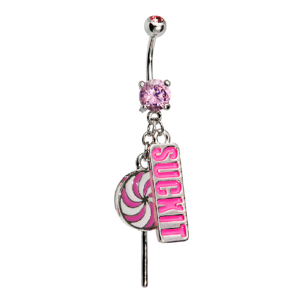 Surgical Steel 14 Gauge Belly Ring with Lollipop SUCKIT Dangle CZ