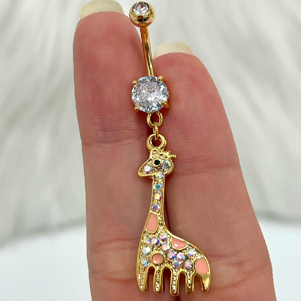 Surgical Steel 14 Gauge PVD Gold Belly Ring with Giraffe Dangle - photo 3