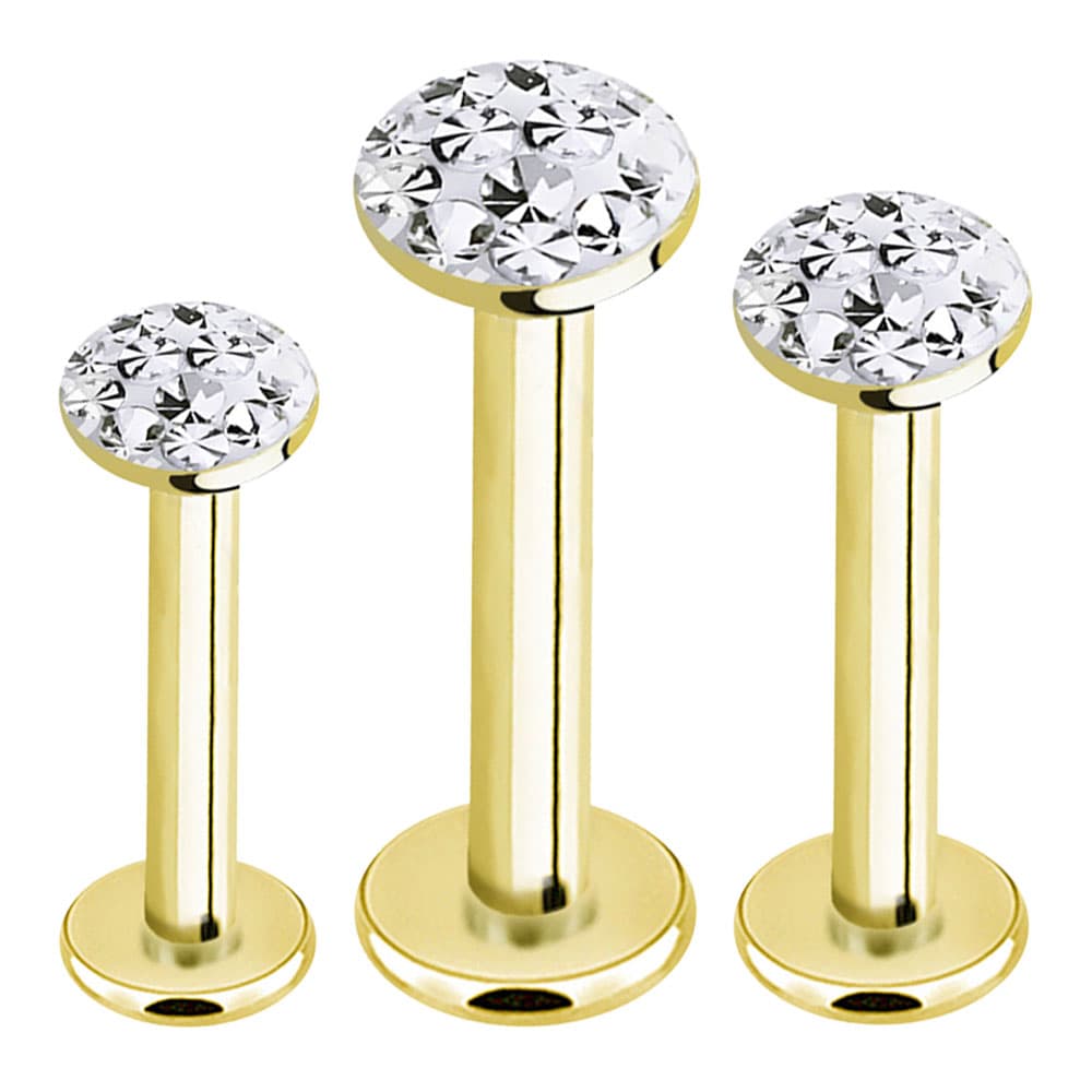 14K Solid Gold Flat Back Labret 16 Gauge 12mm to 16mm with CZ