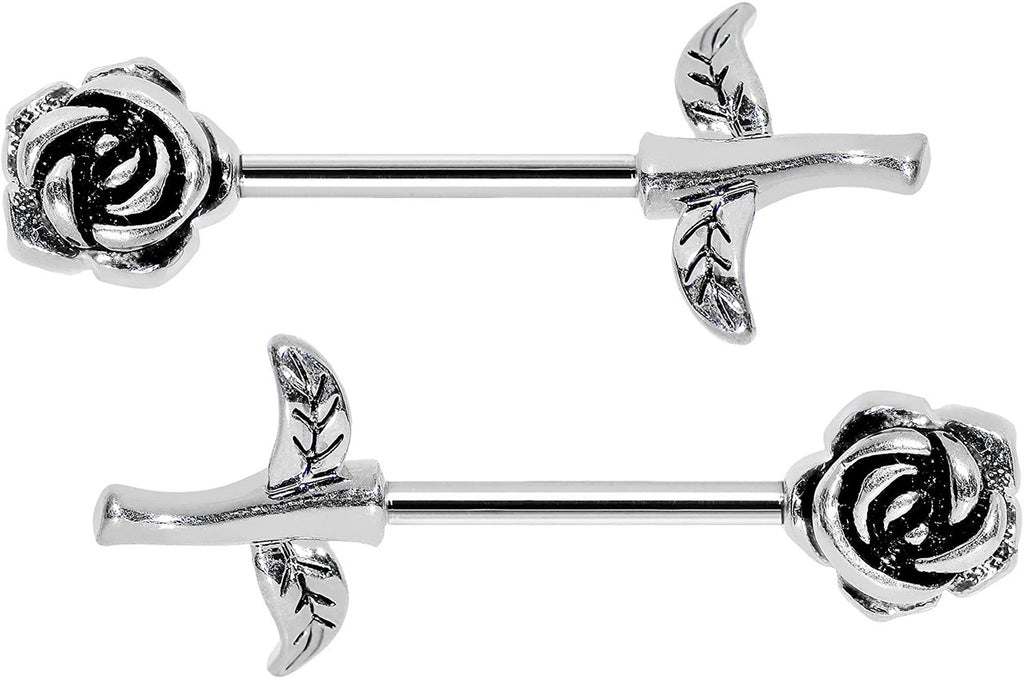 Surgical Steel 14 Gauge Long Stem Rose Nipple Barbell - Pair