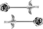 Surgical Steel 14 Gauge Long Stem Rose Nipple Barbell - Pair