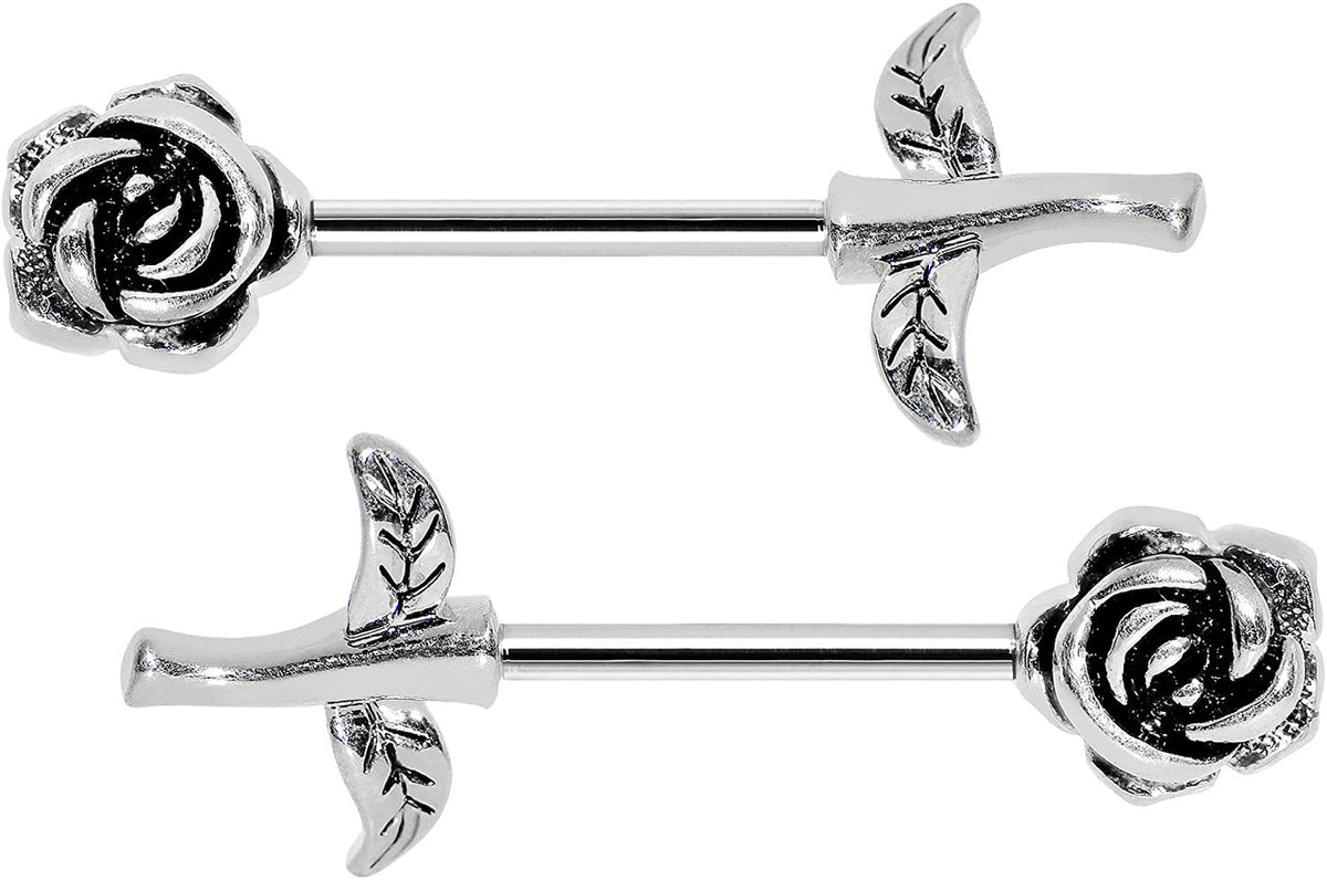 Surgical Steel 14 Gauge Long Stem Rose Nipple Barbell - Pair