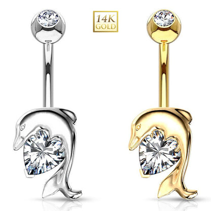 14K Solid Gold 14 Gauge Belly Ring Love Heart CZ Dolphin