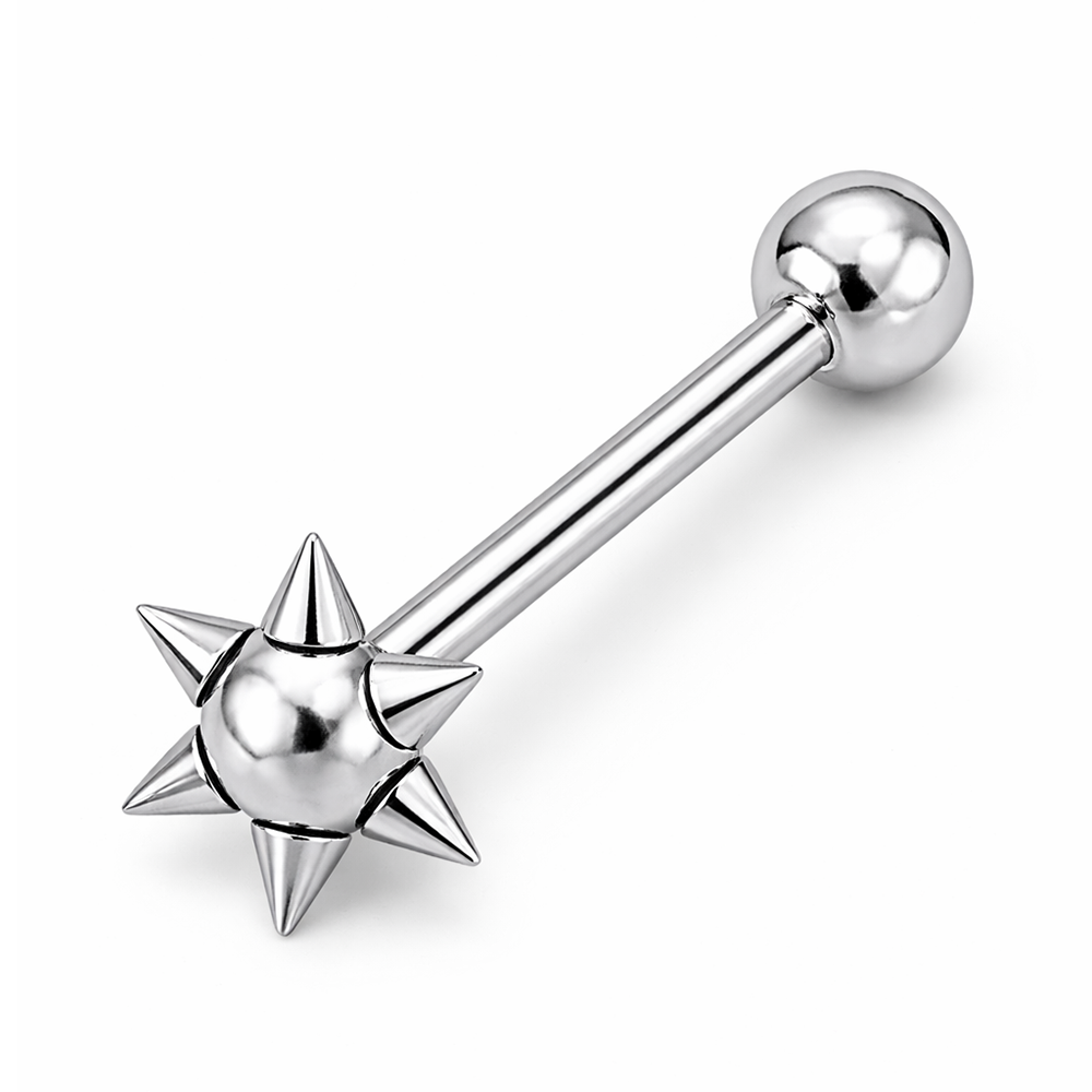 Surgical Steel Tongue Barbell 14 Gauge with Spike Ball Ends