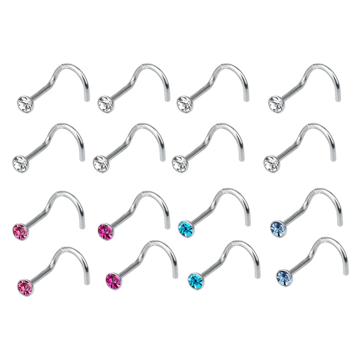 Titanium Nose Screw Studs 20 Gauge with Press-Fit 2mm Gems - 16 Pack