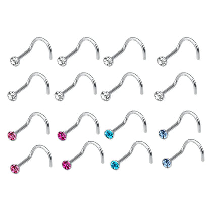 Titanium Nose Screw Studs 20 Gauge with Press-Fit 2mm Gems - 16 Pack