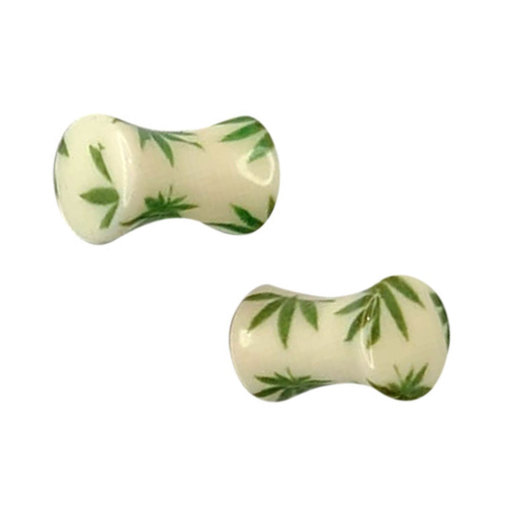 Acrylic 4 Gauge Double Flared Plugs with Green Pot Leaf - Pair