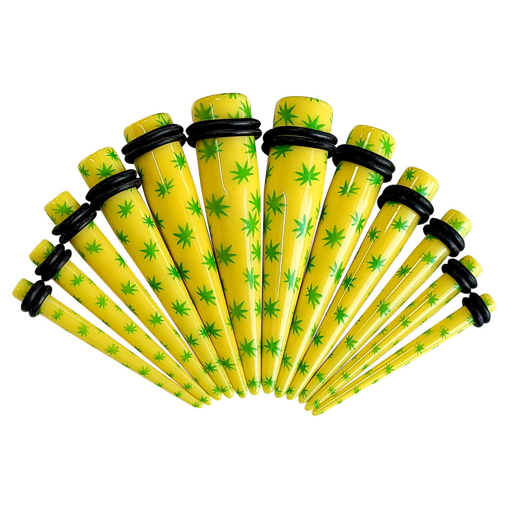 Acrylic 6G to 1/2" Pot Leaf Yellow Ear Tapers Stretching Kit - 12 Pack
