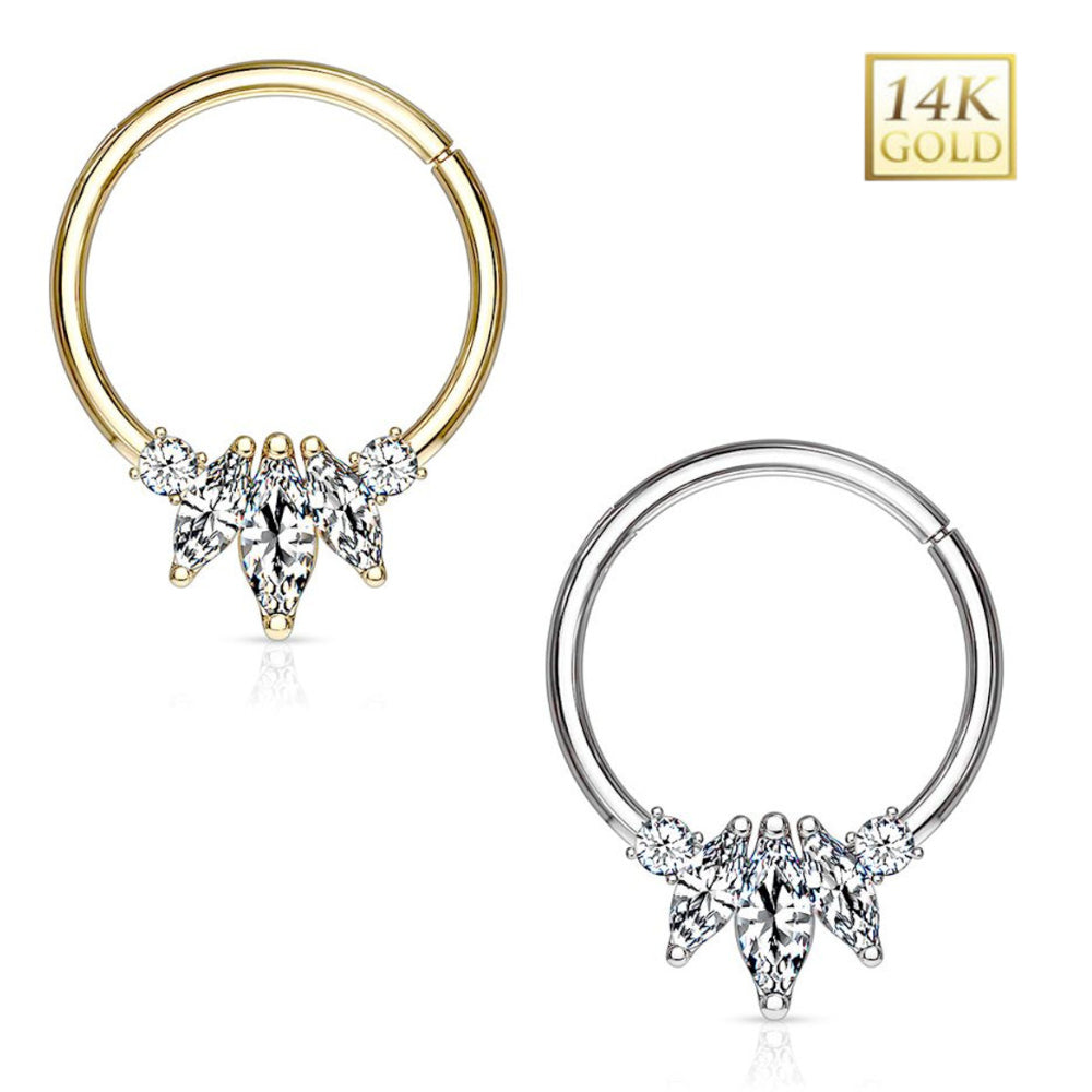 14K Solid Gold 16 Gauge Hinged Segment Ring with Marquise CZ