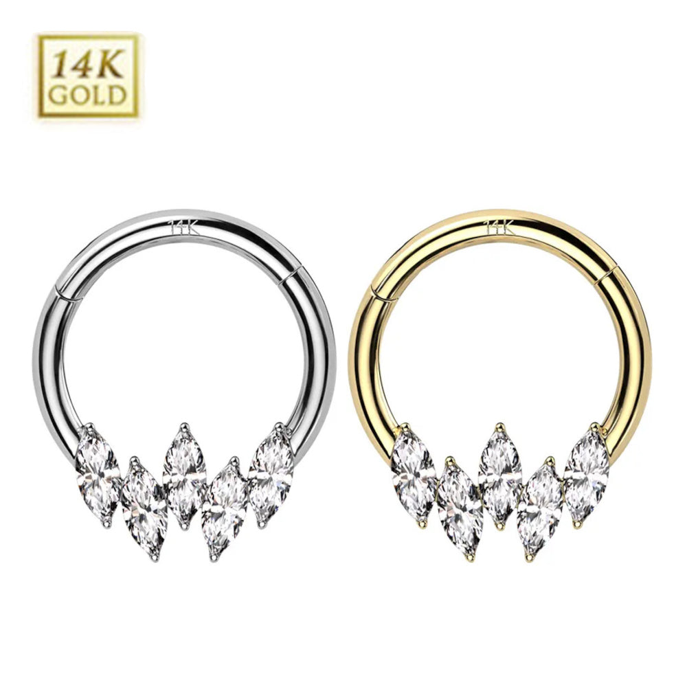 14K Solid Gold Hinged Segment Ring 16 Gauge with Marquise CZ