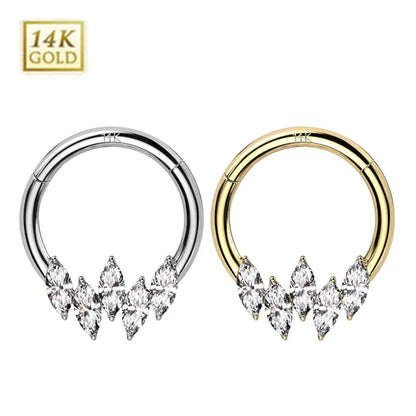 14K Solid Gold Hinged Segment Ring 16 Gauge with Marquise CZ