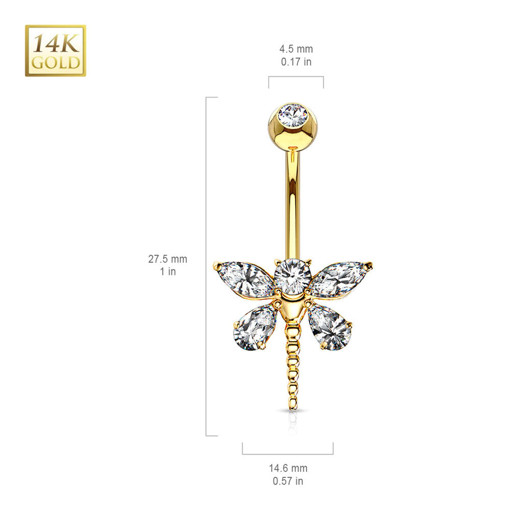 14K Solid Gold 14 Gauge Belly Ring Marquise Dragonfly CZ - photo 2
